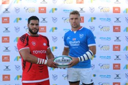 Tunisia captain Ahmed Nasri and Namibia captain Johan Deysel before the Rugby World Cup qualifier an